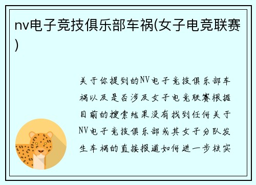 nv电子竞技俱乐部车祸(女子电竞联赛)
