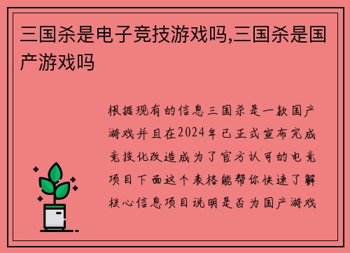 三国杀是电子竞技游戏吗,三国杀是国产游戏吗